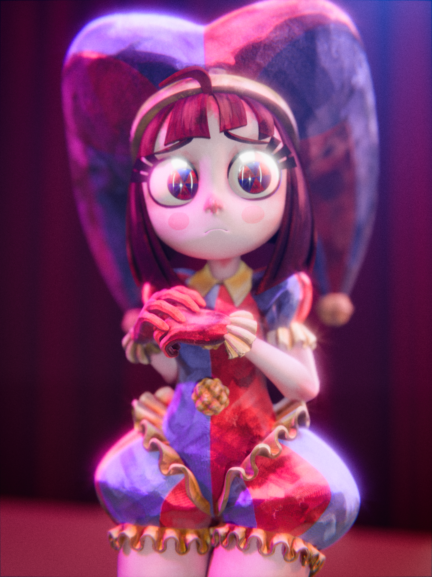 Pomni stylized character featuring a hand-painted painterly look, textured in Substance 3D Painter and rendered in Blender.