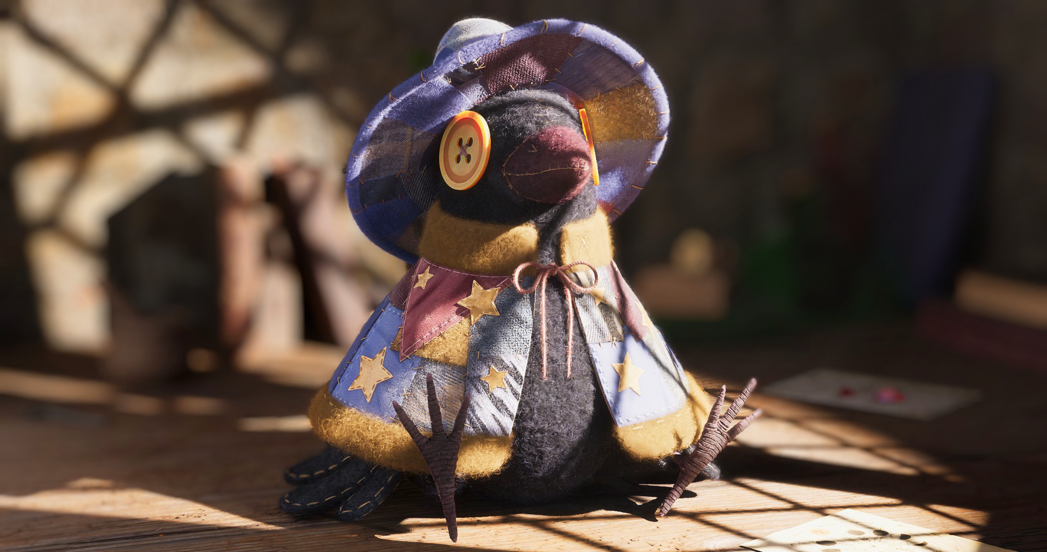 Handcrafted textile crow character Orion, a magical voodoo-inspired wizard made with digital fabric textures, stitching details, and felt materials.